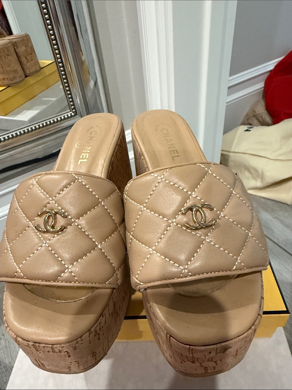 Quilted Leather Cork Platform Mules - Beige